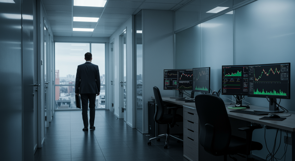 A business man walks in an office.