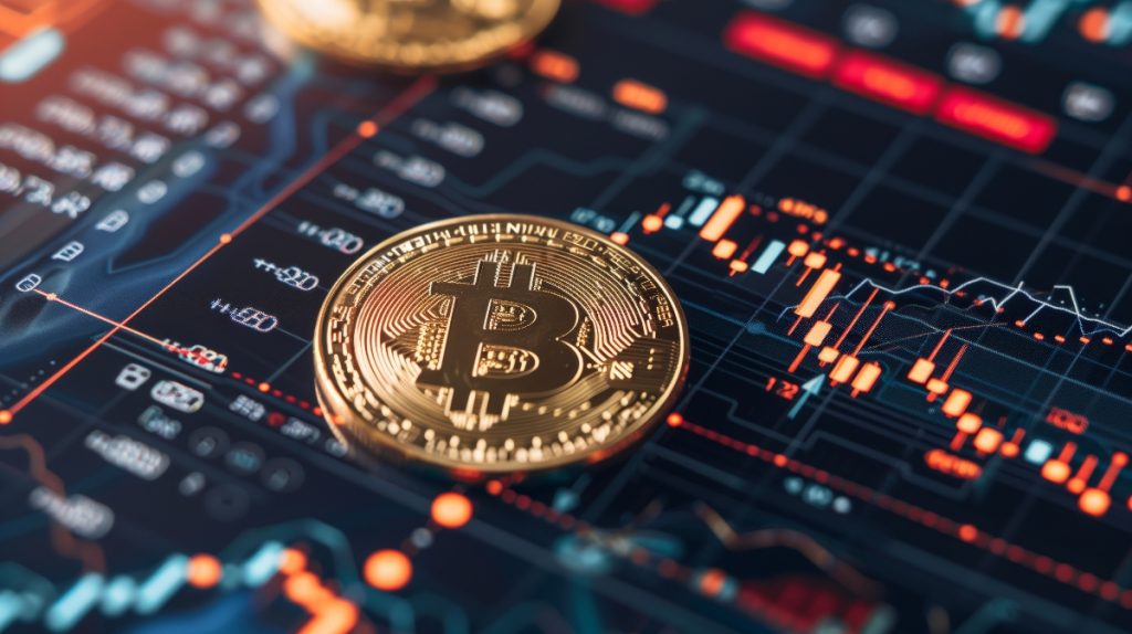 Bitcoin cryptocurrency placed on top of financial data.